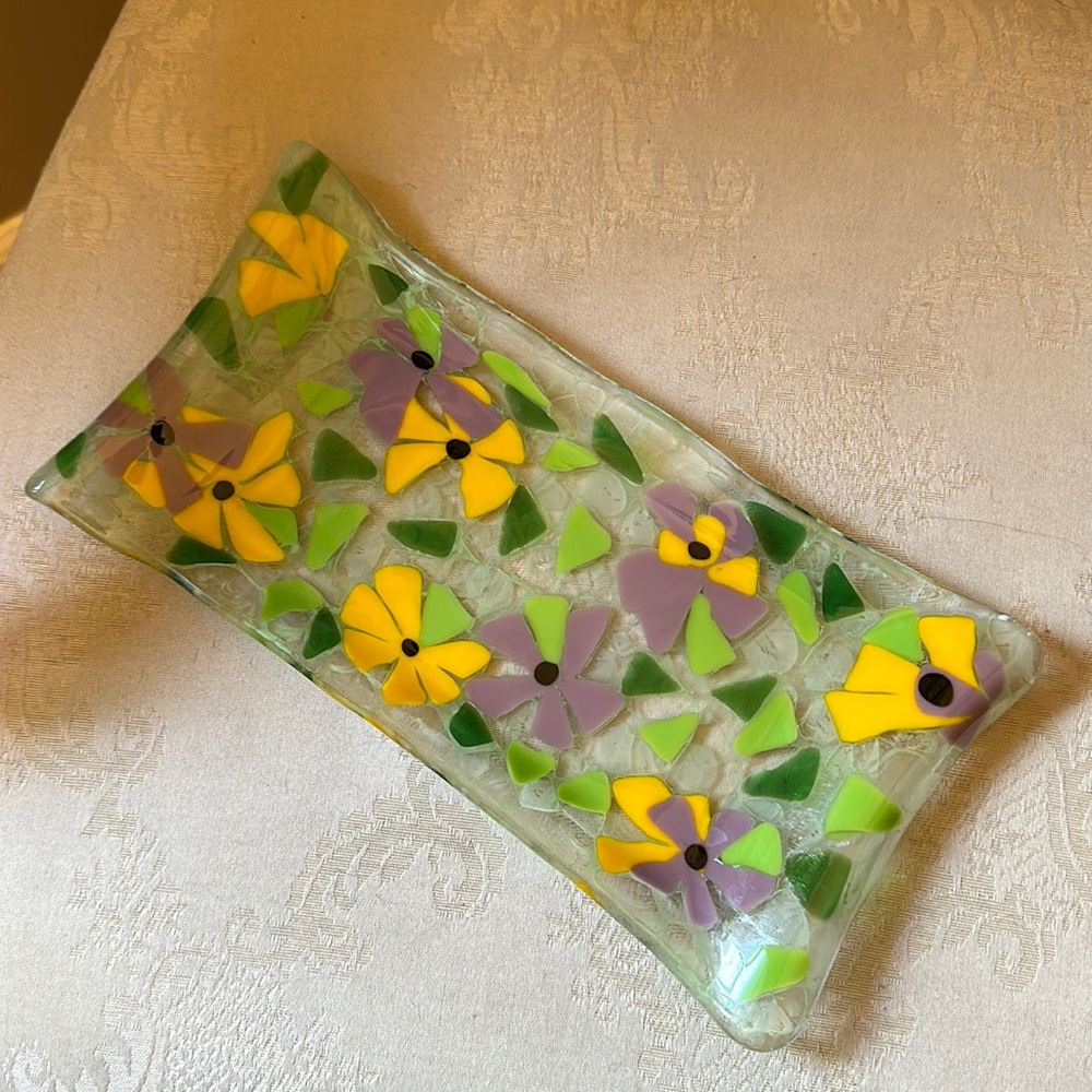 Gorgeous fused art glass floral tray, plate, with pansies
